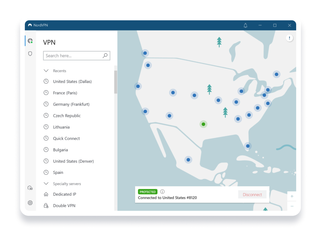 NordVPN Review: Interface of the NordVPN app